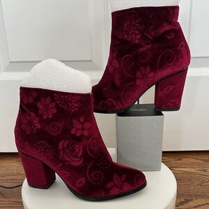 Anthropologie Billy Ella Burgundy Floral Velvet Embossed Ankle Boots Size 8.5